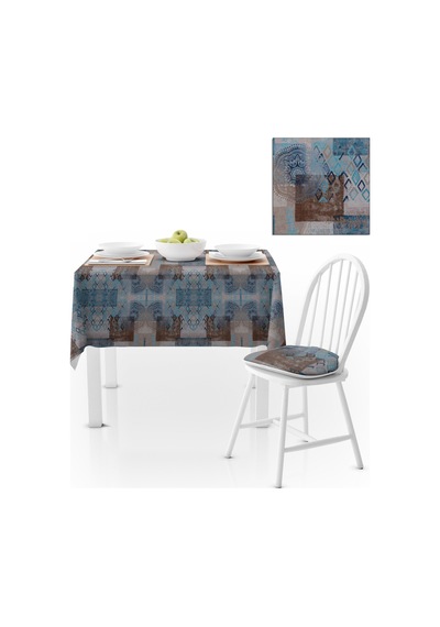Patchwork Desenli Motifli Mavi Lacivert Runner Dijital Baskılı Petek Dokuma Masa Örtüsü 140x140