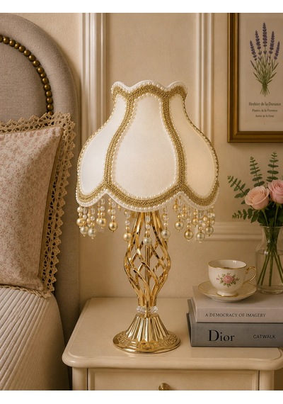 Ekru Kadife Kaplı Gold İşlemeli Şık Başlık Burgulu Gold Metal Ayaklı Klasik Model Abajur 55x25cm