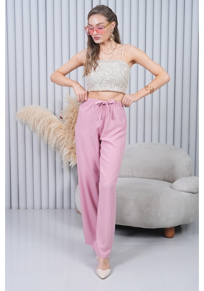Polologin Butik Beli Bağcıklı Yüksek Bel Bol Paça Pudra Pantolon Pembe