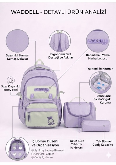 Waddell Lisanslı Twill Modeli 3'lü Set İlkokul Ortaokul Günlük Okul Sırt Çantası Beslenme Kalemlik 26102 Lila