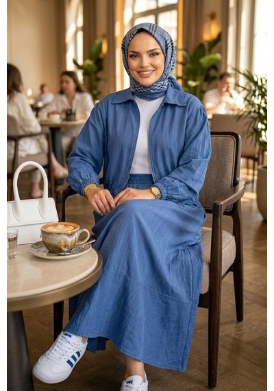 Hb Harma Time Butik Kadın Fermuarlı Çilek Kumaş Mavi Ceket Etek İkili Takım SIYAH