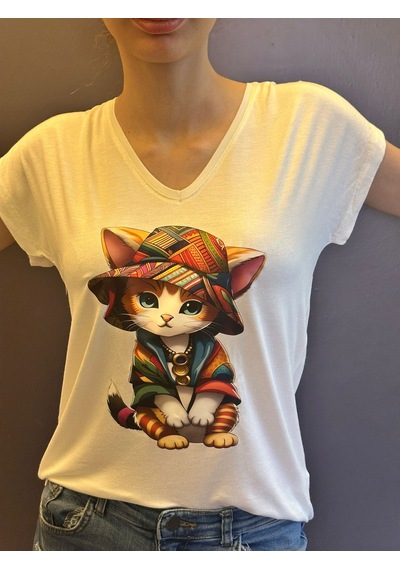 Etnik Kedi Baskılı V Yaka Kadın T-shirt Beyaz