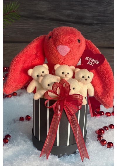 Sole Premium Özel Hediye Kutusunda 45 Cm Mercan Bunny Tavşan Ve 5 Adet Krem Peluş Ayıcık Buketi