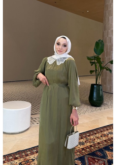 Riella Butik Dantel Yakalı Zarif Tesettür Elbise Haki
