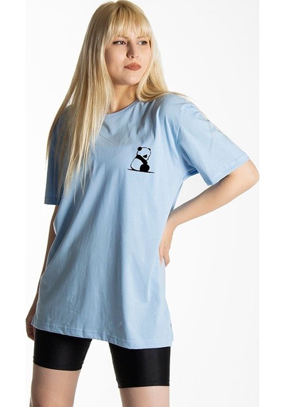 Panda T-shirt - Açık Mavi Baskılı Oversize Bisiklet Yaka Kısa Kol Tişört Açık Mavi