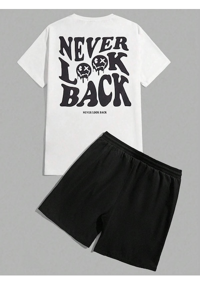 Never Look Back T-shirt Şort - Beyaz Siyah Alt Üst Takım Şort Tişört Kombin Baskılı Bisiklet Yaka Beyaz Siyah Never Look Back T-shirt Şort - Beyaz Siyah Alt Üst Takım Şort Tişört Kombin Baskılı Bisiklet Yaka Beyaz Siyah