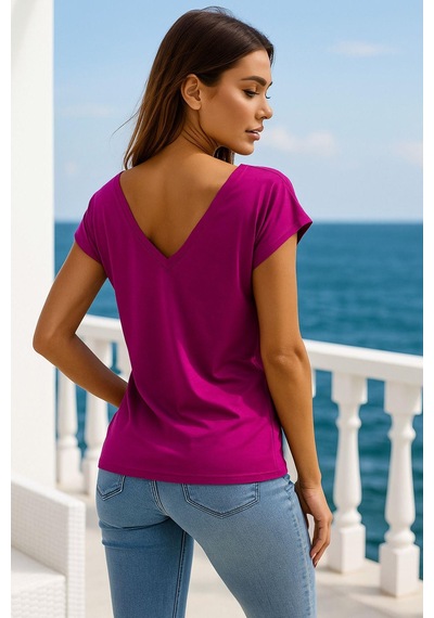 Kadın Fuşya Viskon Ön Arka V Yakalı T-shirt Yarasa Kol Relaxed Bluz Çok Renkli