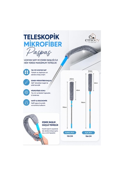 156 Cm Teleskopik Uzayan Saplı Esnek Mikrofiber Toz Alma Fırçası Dolap Üstü Ve Yüksek Alan Mopu
