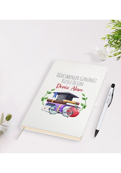 Bk Gift Kişiye Özel Öğretmenler Günü Tasarımlı Beyaz Defter Kalem Seti - 3