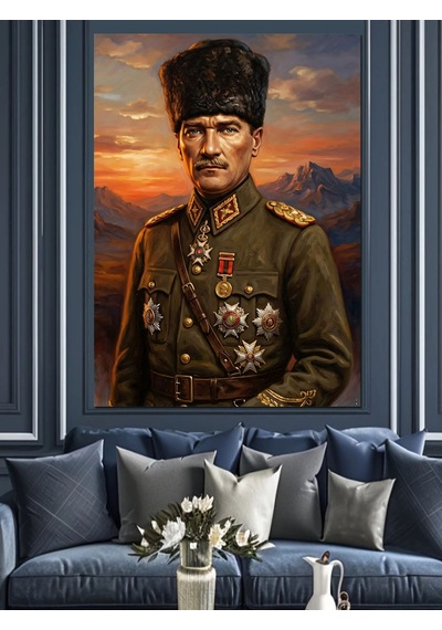 Askeri Üniformalı Atatürk Portre Tablo Dekoratif Kanvas - Mdf Ahşap Tablo