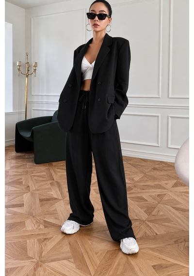 Mayrem Kadın Oversize Blazer Ceketli Rahat Gri Eşofman Takım SIYAH