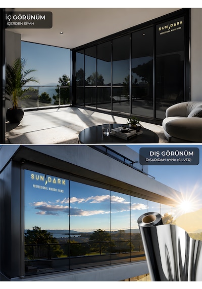 75 Cm X 5 Metre Isı Yalıtımlı 2 Ply Içten Siyah / Dıştan Aynalı Blacksilver Cam Filmi Ofis, Cam Balkon, Duşakabin