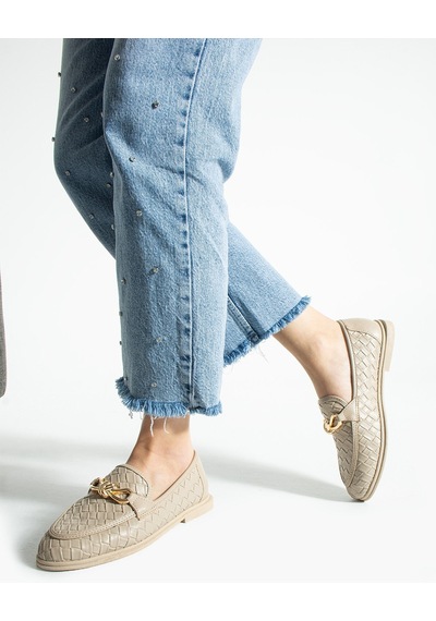 Lebibe Shoes Maby Kadın Bej Örgü Dokulu Zincir Detaylı Loafer Düz Ayakkabı Babet