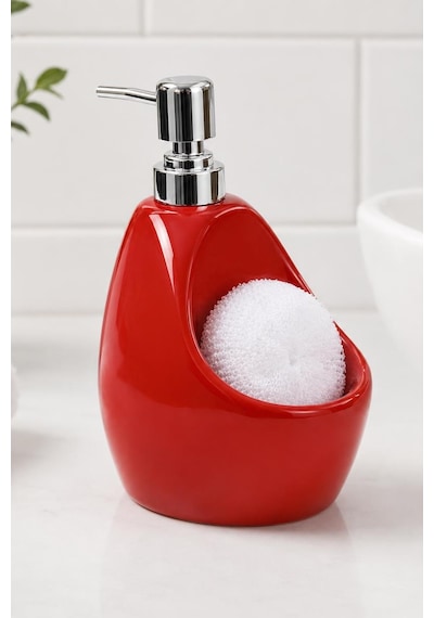 Porselen Sıvı Sabunluk 500 Ml Sünger Hazneli Kırmızı Krom Pompalı Mutfak Banyo Sabunluk