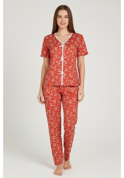 Fantezia Night Kadın Turuncu Kalp Desenli Fiyonklu Kısa Kollu Uzun Pijama Takımı