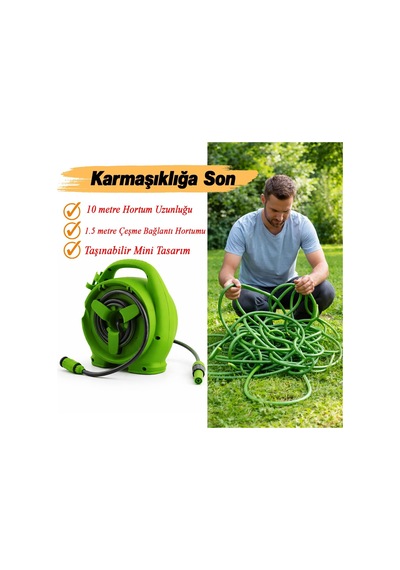 Taşınabilir Makaralı 10 Metre Mini Makaralı Hortum Seti Bahçe Su Hortumu 5/16" Sulama Araç Yıkama