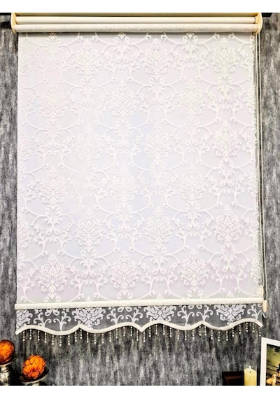 Bbb Simli Boncuklu Damask Desenli Çift Mekanizmalı Tül Stor Perde Ekru Mt1018sb Ekru