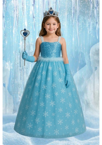 Parti Selesi Kız Çocuk Askılı Tarlatanlı Taç Asa Eldiven Hediyeli Mavi Elsa Elbise Frozen Mavi