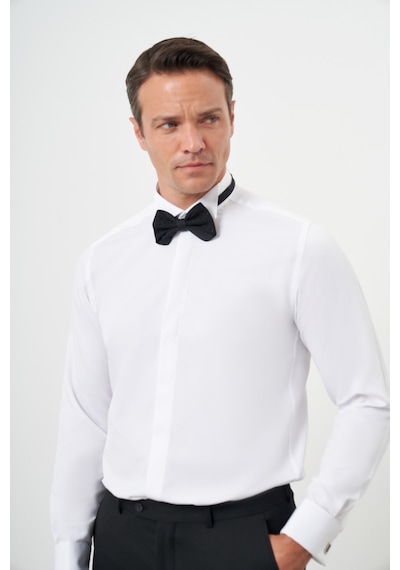 Morven Erkek Beyaz Manşetlii Jakar Desen Ata Yaka Slim Fit Gömlek Beyaz