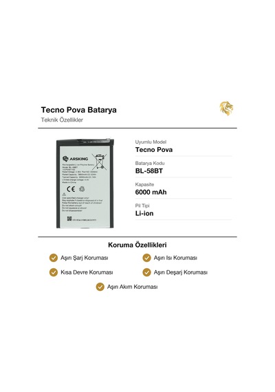 Tecno Pova Uyumlu Güçlendirilmiş Batarya Bl-58bt 6000 Mah Pil Telefon Bataryası Cep Telefonu Pili