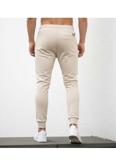 Plus Scorpion Erkek Slim Fit Eşofman Altı Pamuklu Kumaş, Fermuarlı Cepli, Rib Paça Bej