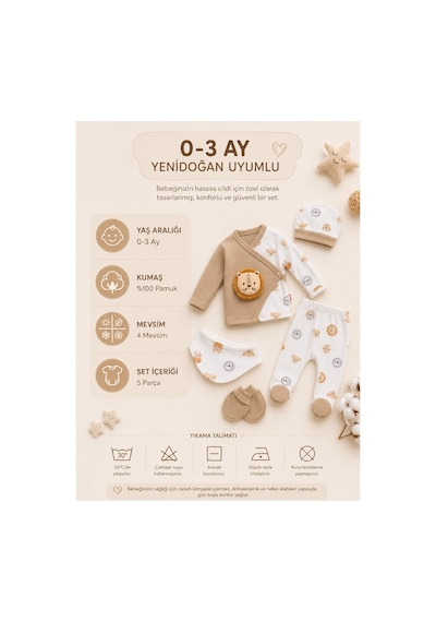 Lilliy %100 Pamuk 5'li Yenidoğan Bebek Hastane Çıkışı Takımı Aslan Desenli 0-3 Ay Erkek Bebek Seti Kahverengi