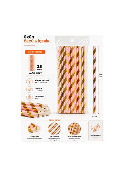 Pembe Altın Çizgili Kağıt Pipet 25 Adet Doğada Çözünebilir Tek Kullanımlık İçecek Pipeti Tüm Yaşlar
