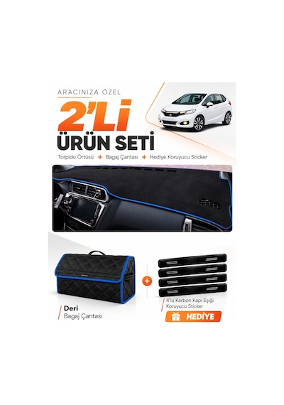 E-biz Honda Jazz 2018-2020 Uyumlu Torpido Örtüsü + Deri Bagaj Çantası Seti - Siyah-mavi - Ho019