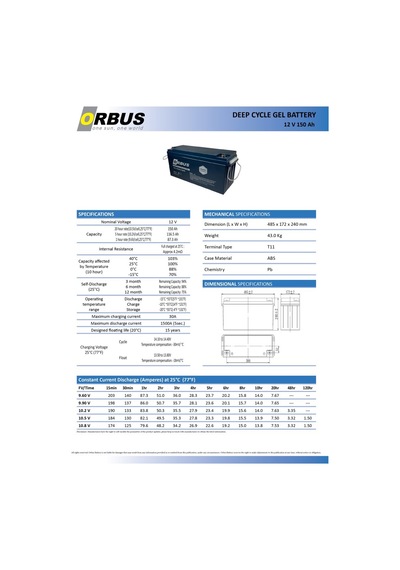 Orbus 12 Volt 150 Amper Jel Akü - Derin Döngü - 12 V 150 Ah Deep Cycle