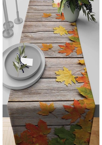 Turuncu Çınar 3d Desenli Premium Masa Örtüsü Runner Rnr080n11