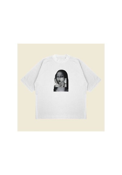 Tarzsokak Glitch Lisa Baskılı Oversize Unisex Pamuklu Nefes Alan Kalın Kumaşlı Beyaz