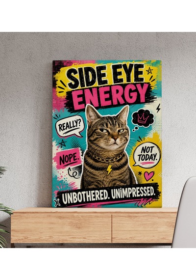 Bk Gift Side Eye Energy Yazılı Zincir Kolyeli Tekir Kedi Pop Art Renkli Kanvas Duvar Tablosu 50x70 Cm