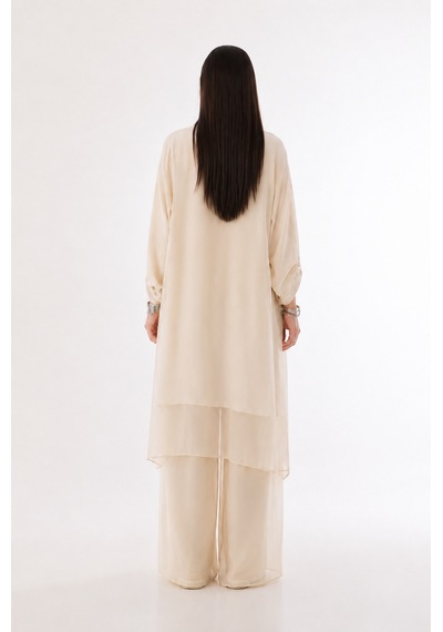 Bohem Stil Itayan Ipek Detaylı Oversize Kaftan- Pantolon Takım Krem