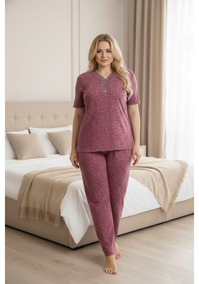 Eyfuze Kadın Büyük Beden Yakası Düğmeli Kısa Kollu Bambu Pijama Takımı Gri