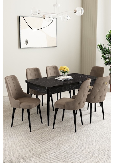 Clara Siyah Mermer Desen 80x132 Açılabilir Mdf Masa Yemek Odası Takımı,mutfak Takımı 6 Adet Sandalye Cappucino Clara Siyah Mermer Desen 80x132 Açılabilir Mdf Masa Yemek Odası Takımı,mutfak Takımı 6 Adet Sandalye Cappucino