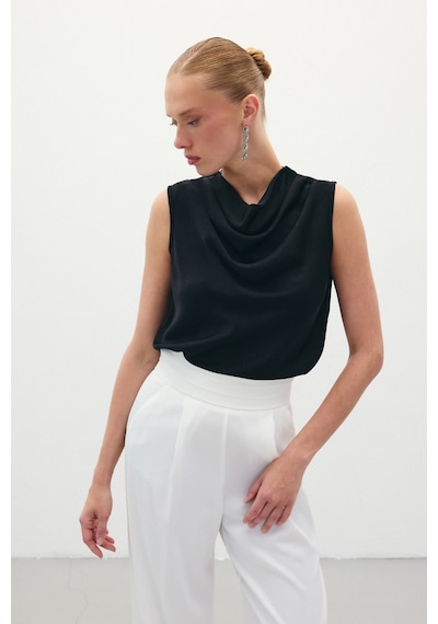 Sateen Degaje Yaka Saten Bluz - Siyah-136070 Siyah