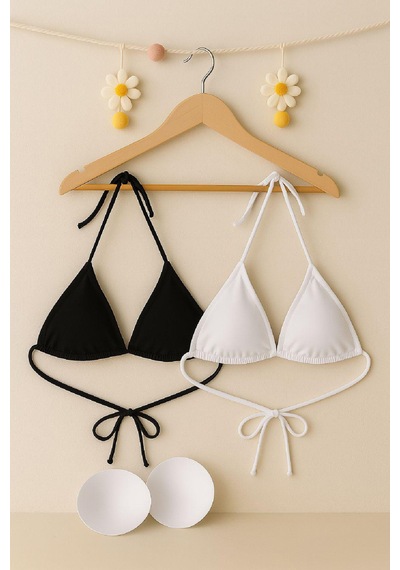 Moda Dua Kadın Siyah Ve Beyaz Minimal Kesim Üçgen Bikini Üstü Çok Renkli