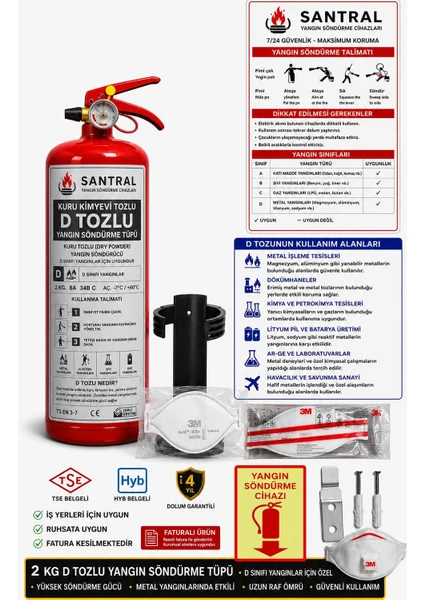 D Tozlu 2 Kg Yangın Söndürme Tüpü Metal Yangınları Için