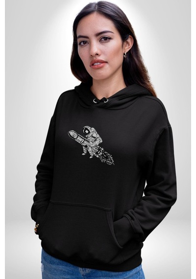 Roket Astronot Kadın Erkek Siyah Kapüşonlu Sweatshirt Hoodie Siyah