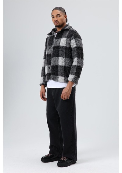 Vamos Oversize Peluş Ekose Ceket Siyah