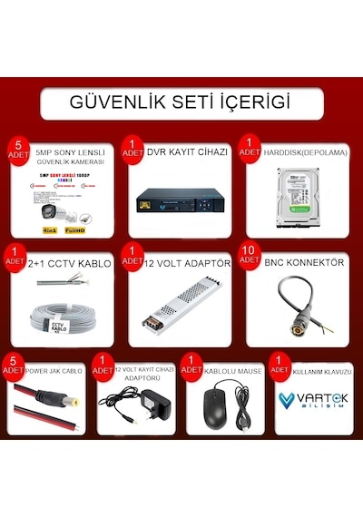 5 Kameralı Full HD Güvenlik Kamera Seti 500GB HDD 5MP Gece (Renkli) Görüşlü - Sabit IP Gerektirmez