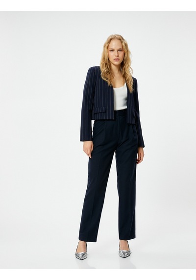 Koton Blazer Ceket Kapaklı Cepli Standart Kesim Lacivert Çizgili 4sak50047uw Lacivert