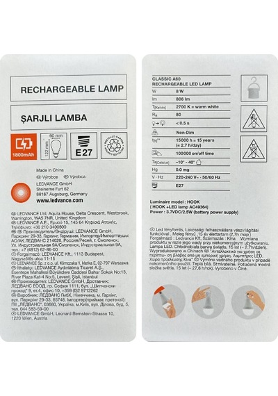 10 Adet Ledvance 8w Sarı Işık 2700k E27 Duylu Kalın Duy Şarjlı Ampul