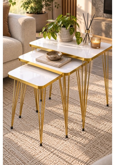 Sulorahome Gold Tel Zigon Sehpa Takımı Beyaz 3'lü Beyaz - Altın