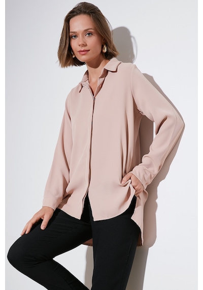 Lela Regular Fit Önü Kısa Arkası Uzun Düz Bayan Gömlek 611Go020 Vizon