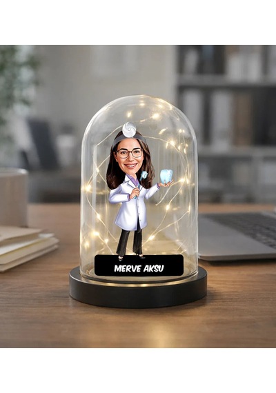Bk Gift Kişiye Özel Kadın Doktor Karikatürlü Led Işıklı Cam Fanus Biblo -2, Mesleki Hediye, Sevgiliye-arkadaşa Hediye Kobitmeyencom36871 Bk Gift