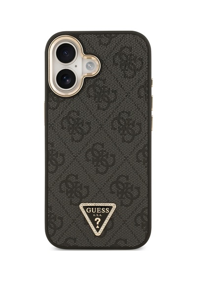 Apple Uyumlu iPhone 17 Kılıf Guess Lisanslı M-safe Şarjlı Gold Metal Kamera Çerçeveli Taşlı Üçgen Logo Siyah