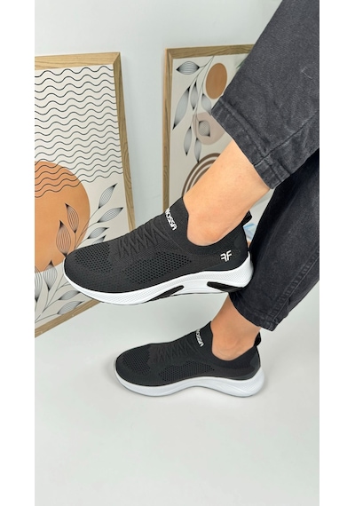 Günlük Unisex Sneaker Slip-on Nefes Alabilen Hafif Yürüyüş Bağcıksız Esnek Spor Ayakkabı 041f Siyah-beyaz