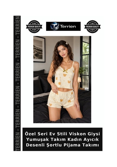 Terrien Özel Seri Ev Stili Viskon Giysi Yumuşak Takım Kadın Ayıcık Desenli Şortlu Pijama Takımı sarı