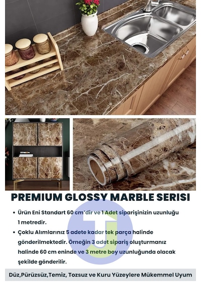 Technojet Kendinden Yapışkanlı Mermer Desen Folyo Mutfak Banyo Tezgah Duvar Kaplama 60cmx100cm Kahverengi